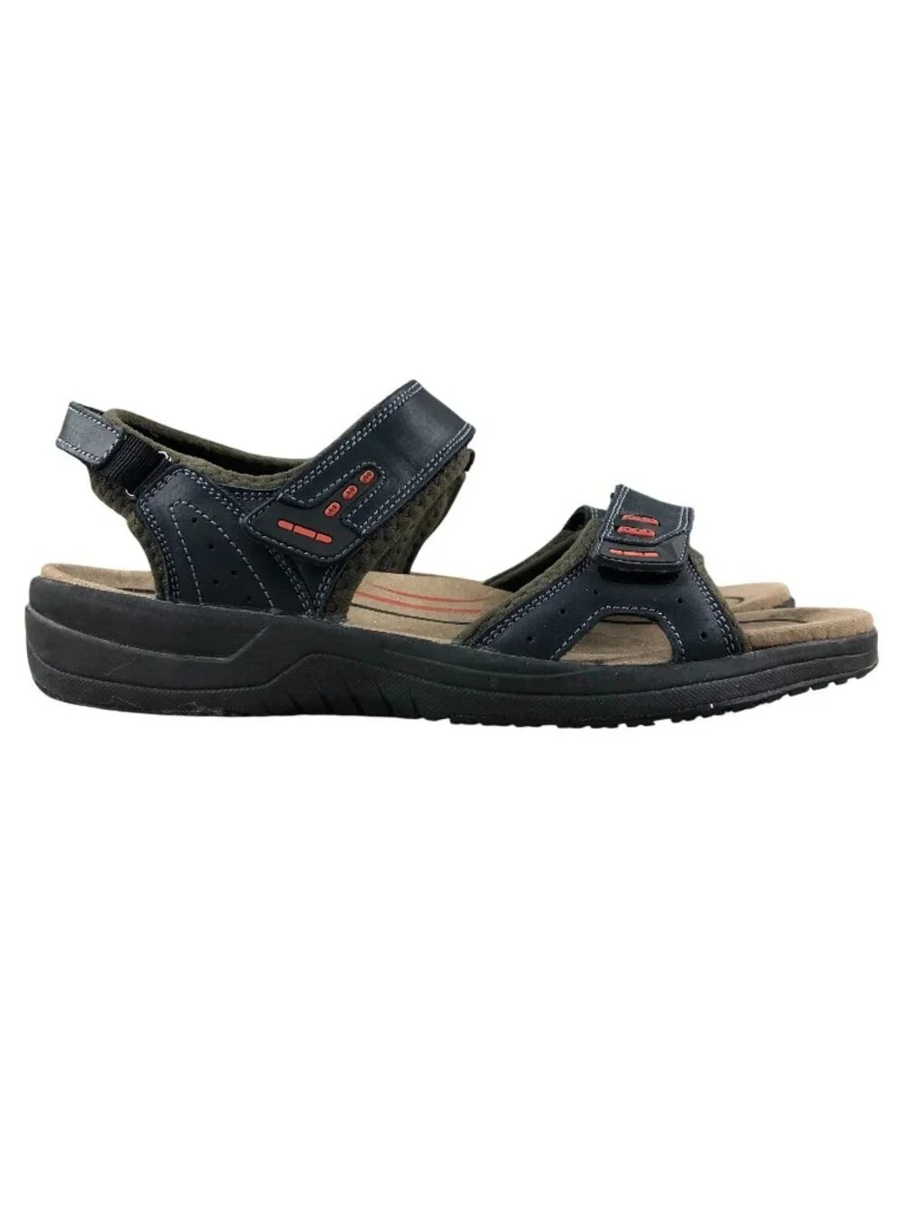 OrthoFeet Men's Size 10D Cambria Black Leather Open Toe Hook & Loop 561 Sandals